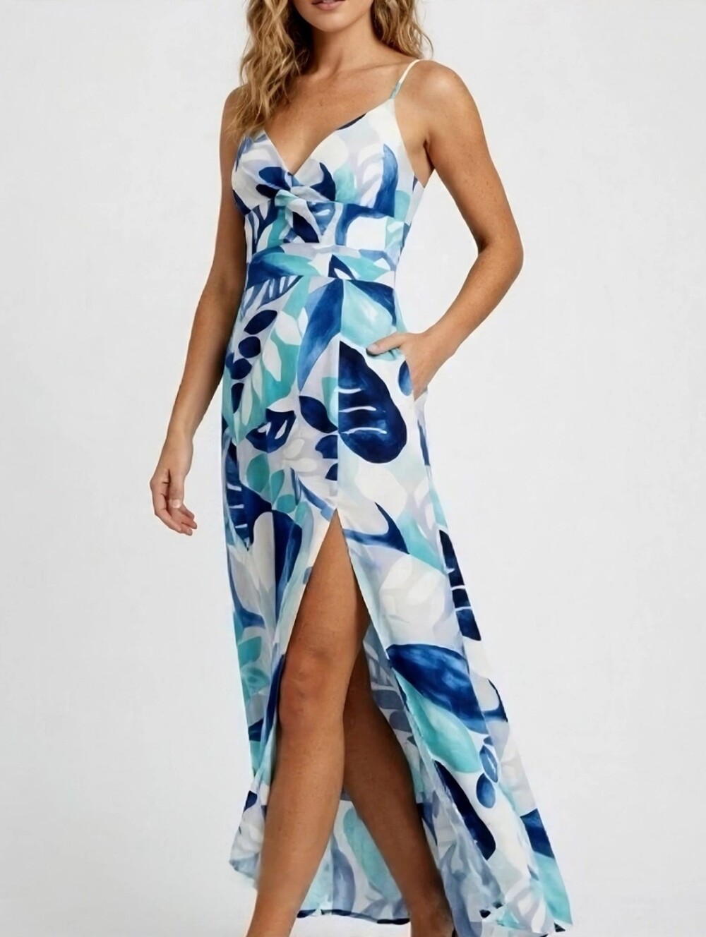 1State Blue Tropical Leaf Print Spaghetti-Strap Maxi Dress